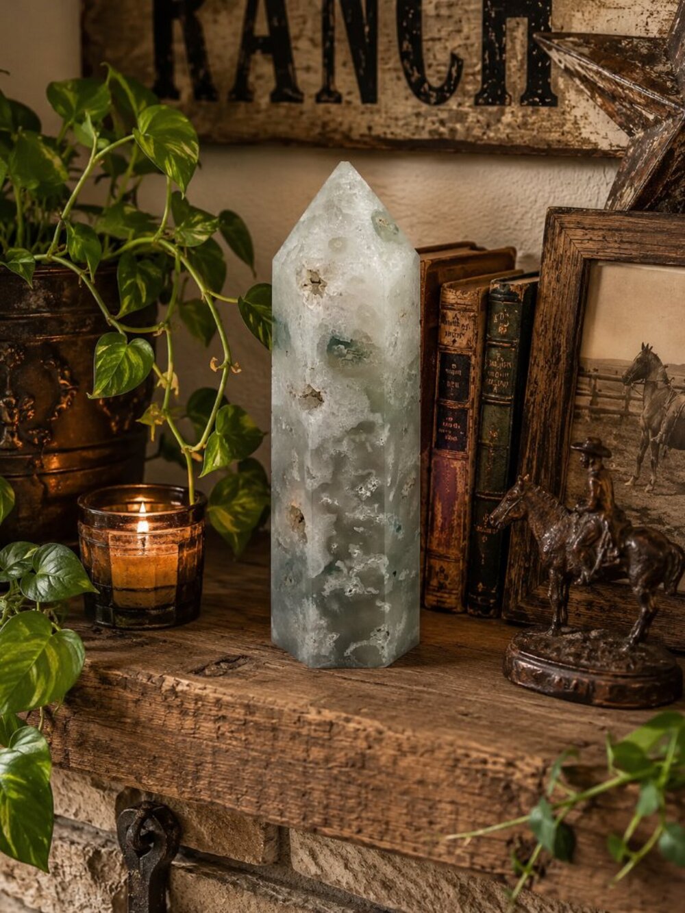 Ocean Jasper Point Tower - Green and White Crystal Rock